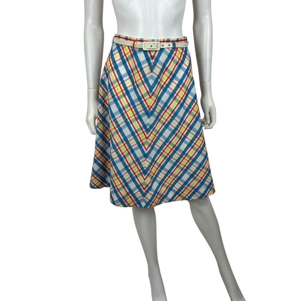 Vintage 70s Plaid Skirt Womens XS Spring Blue Stripe Knee Length A Line
